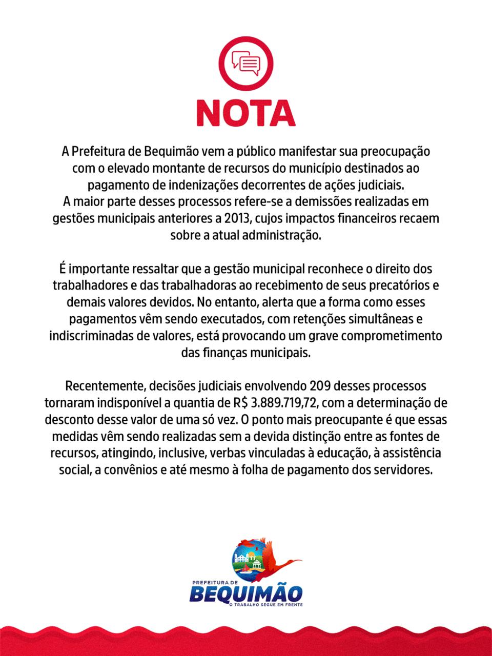 Prefeitura de Bequimão alerta para impacto de descontos judiciais nas finanças do município